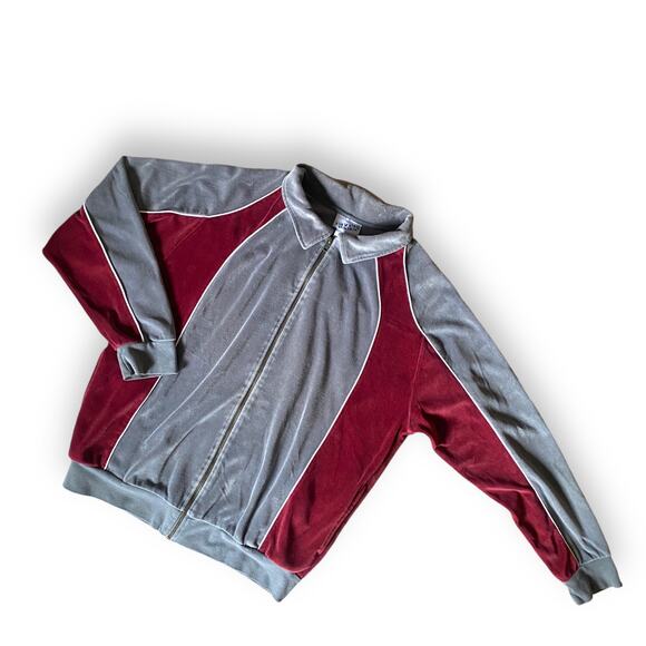 Vntg Irvine Park Velour Track Jacket Mens L Grey Maroon Full Zip Pockets Hip Hop - Picture 2 of 8